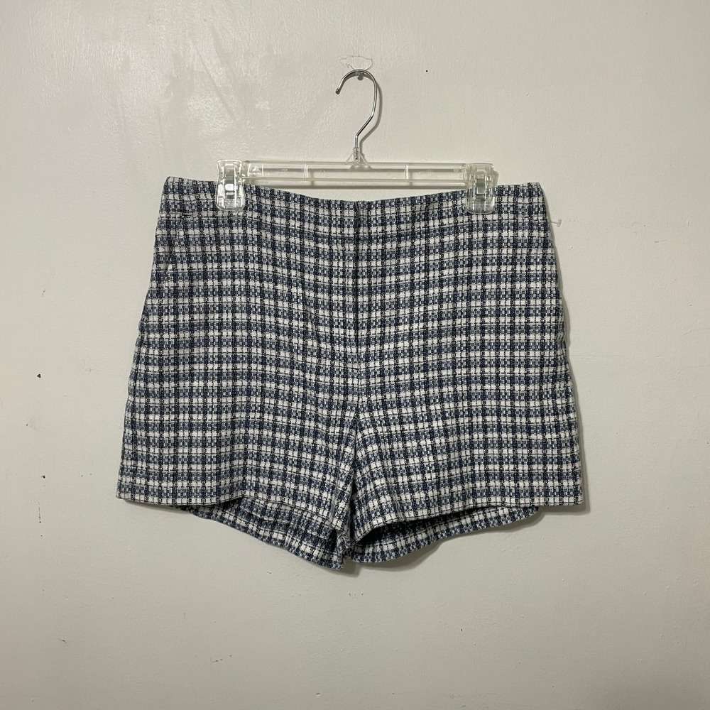 Loft Blue White Plaid Tweed Shorts Womens Size 8 High Waisted Textured Zip Fly